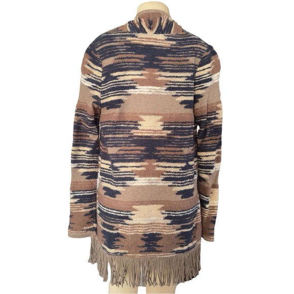 Lucky Brand Aztec Print Fringed Brushed‎ Knit Open Cardigan Western Sweater Top - Picture 4 of 8